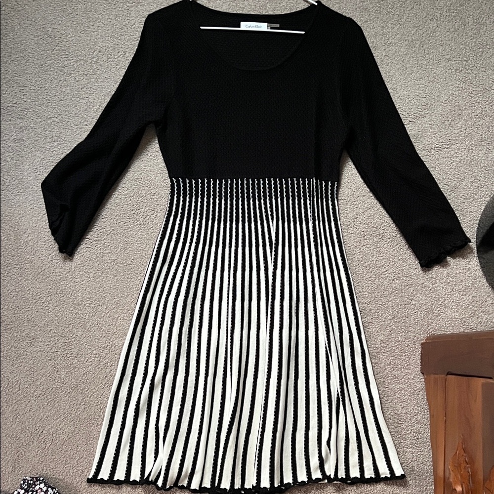 Calvin Klein Black and White Long Sleeve Dress